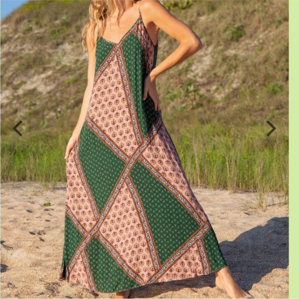 NEW! NATURAL LIFE Boho Gracie Pink + Green Patchwork Sleeveless Slip Dress